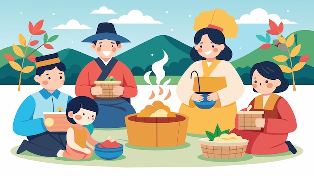 Vector en corea del sur durante el festival de la cosecha de chuseok las familias toman tiempo para rejuvenecerse con