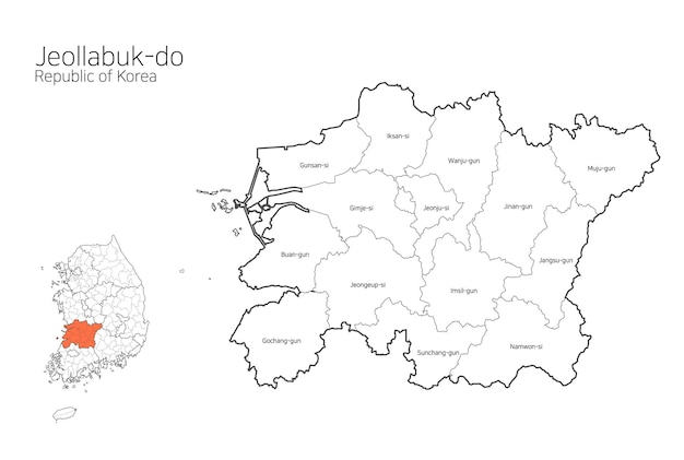 Vector corea del sur mapa de área local estado de jeonbuk