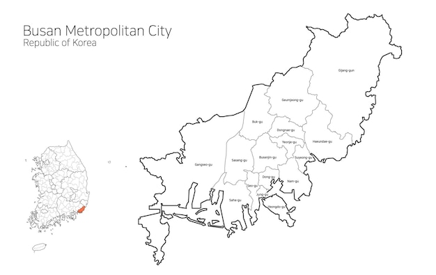 Vector corea del sur mapa de la zona local de busan