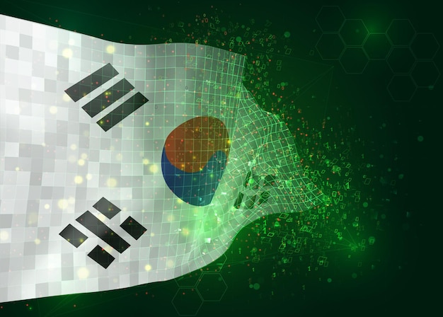 Corea, en vector bandera 3d sobre fondo verde con polígonos y números de datos