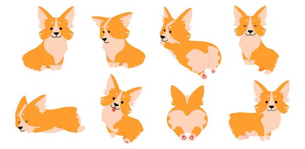 Corgi dibujos animados personajes de perros lindos en diferentes poses relajantes durmiendo haciendo ejercicios de perros cachorro divertido con varias emociones cómicas niños domésticos de mascotas vectoriales ilustración aislada