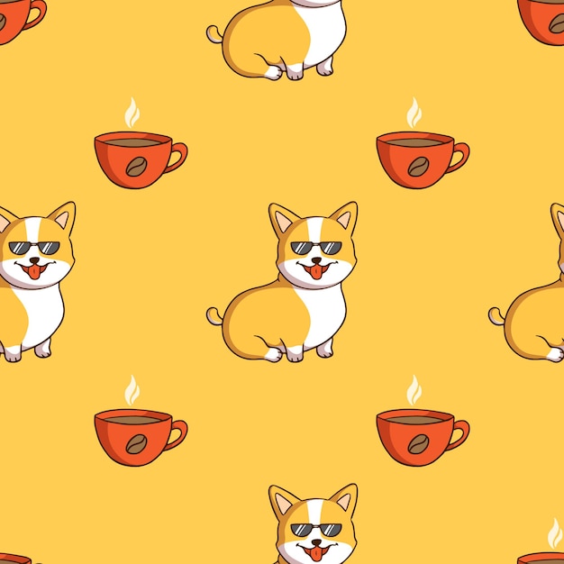 Corgi fresco con gafas de sol y una taza de café en patrones sin fisuras