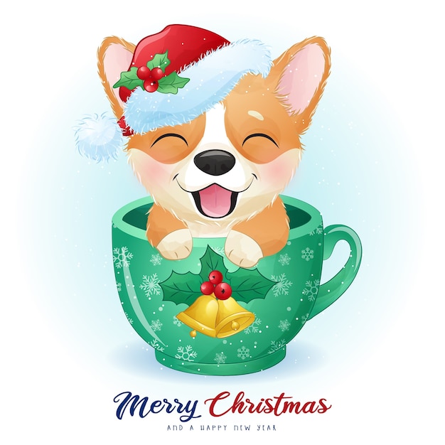 Corgi lindo del doodle para el día de navidad con la ilustración de la acuarela