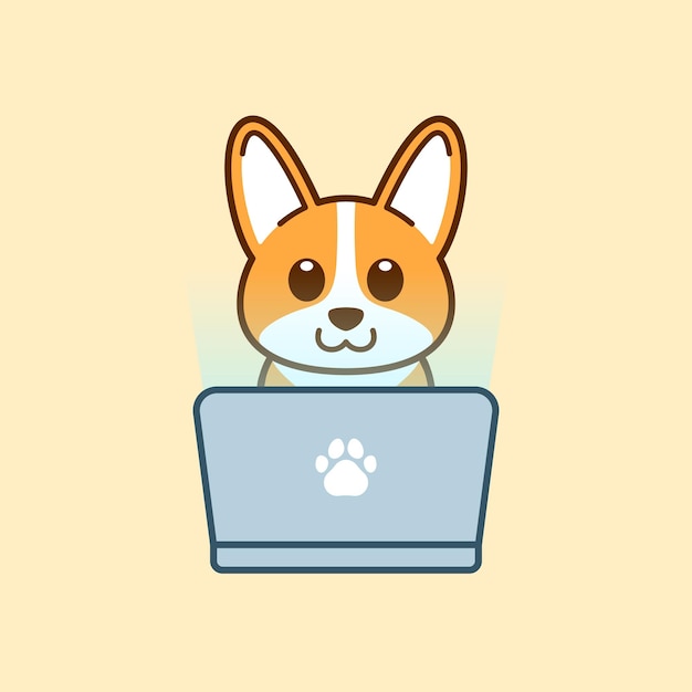Corgi lindo usando la ilustración de la computadora portátil