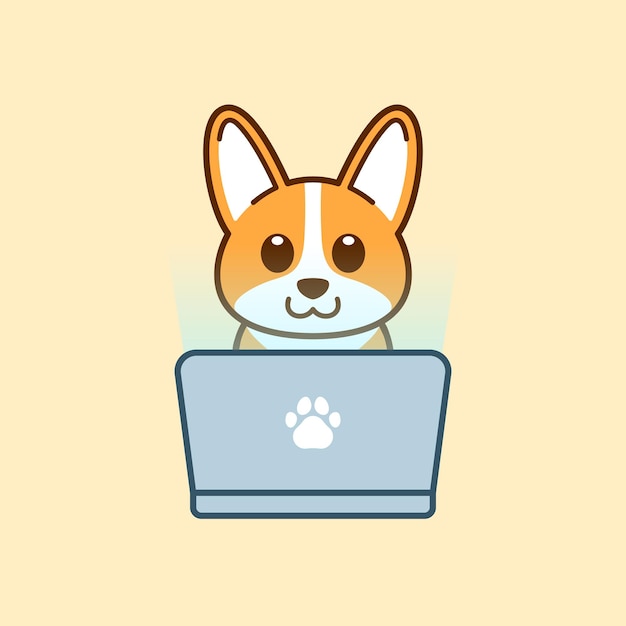 Corgi lindo usando la ilustración de la computadora portátil