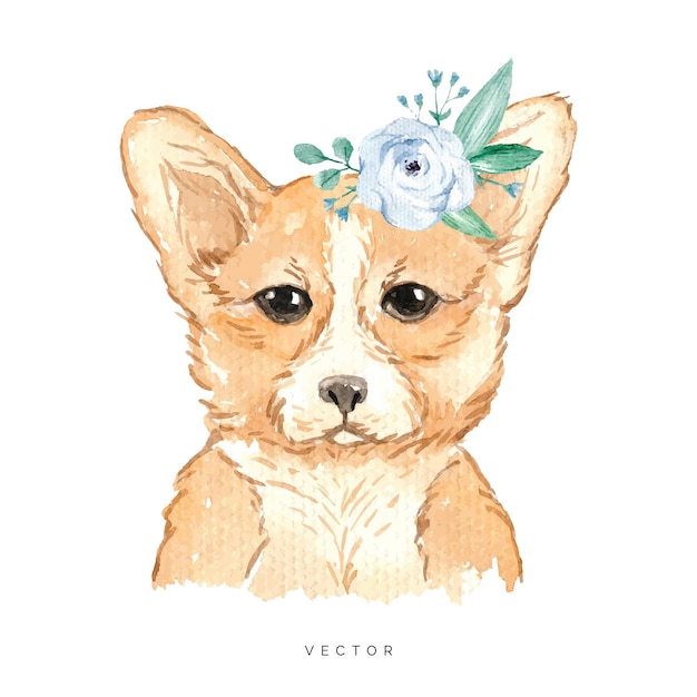 Corgi de retrato de perro de acuarela pintado a mano con corona floral