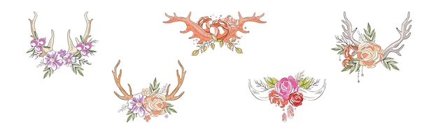 Corno de ciervo con conjunto de vectores de decoración de brotes de flores