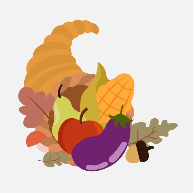 Cornucopia llena de calabazas berries trigo y hojas de otoño