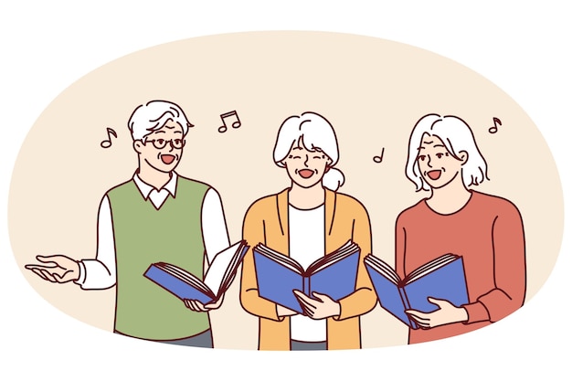 Vector coro de hombres y mujeres ancianos con cuadernos de trabajo en las manos cantando canciones juntos y disfrutando de la vejez