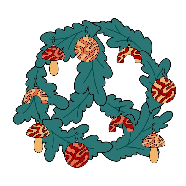 Corona de abeto hippie Groovy Xmas con adornos navideños. Ilustración de vector de signo de la paz