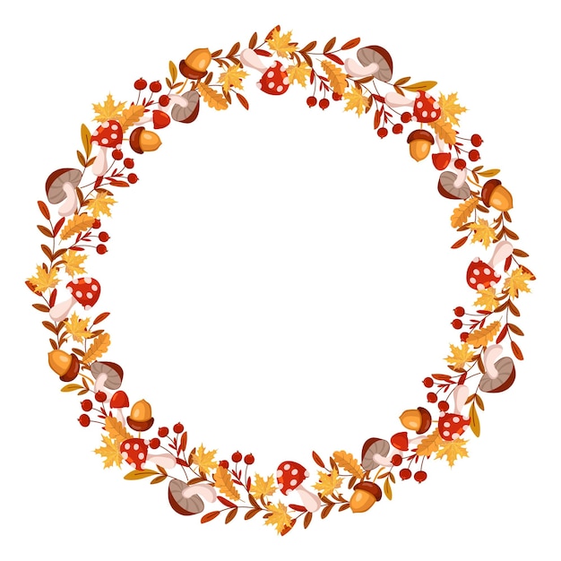 Corona de acción de gracias con bellotas de setas y hojas de roble de otoño Imprimir vector de ilustración de otoño