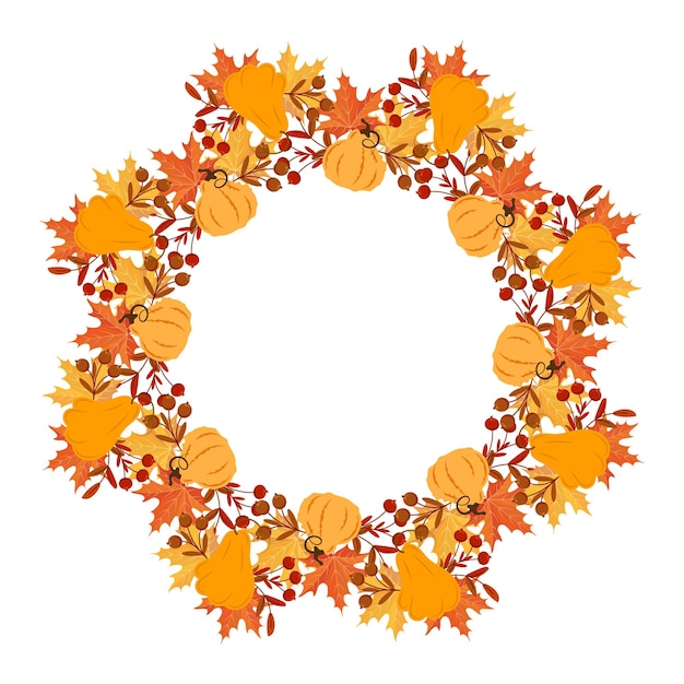Corona de acción de gracias con calabazas, serbal y hojas de otoño. Imprimir, ilustración de otoño, vector