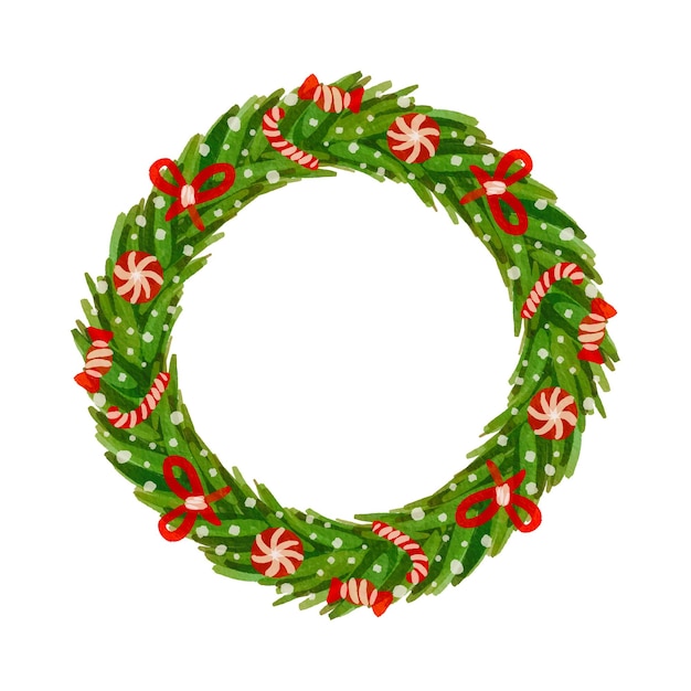 Corona de acuarela con ramas de árboles de Navidad y elementos vectoriales de Navidad
