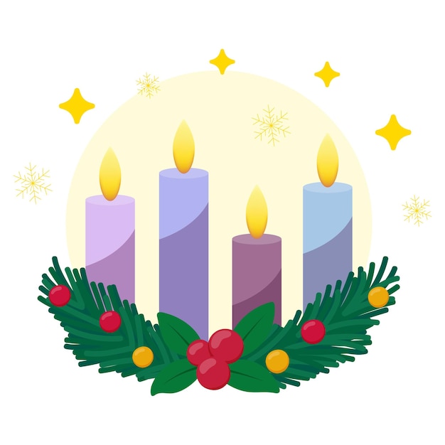 Corona de Adviento decorada con ramas de pino verde, bayas rojas, decoraciones y cuatro velas encendidas, estrellas doradas y copos de nieve en el fondo, ilustración vectorial de vacaciones.