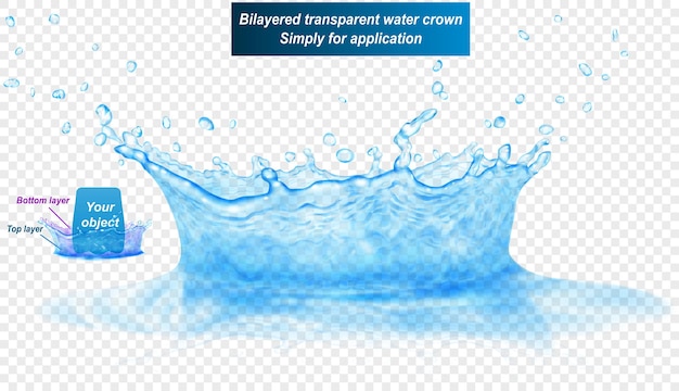 Corona de agua translúcida de dos capas superior e inferior Splash en colores azul claro con gotas y reflejo aislado sobre fondo transparente