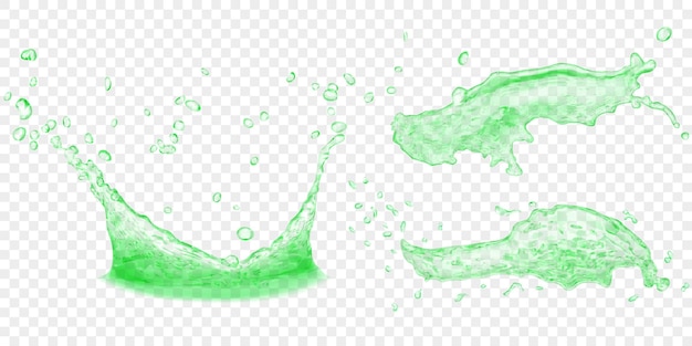 Vector corona de agua translúcida y salpicaduras con gotas en colores verdes aisladas sobre fondo transparente