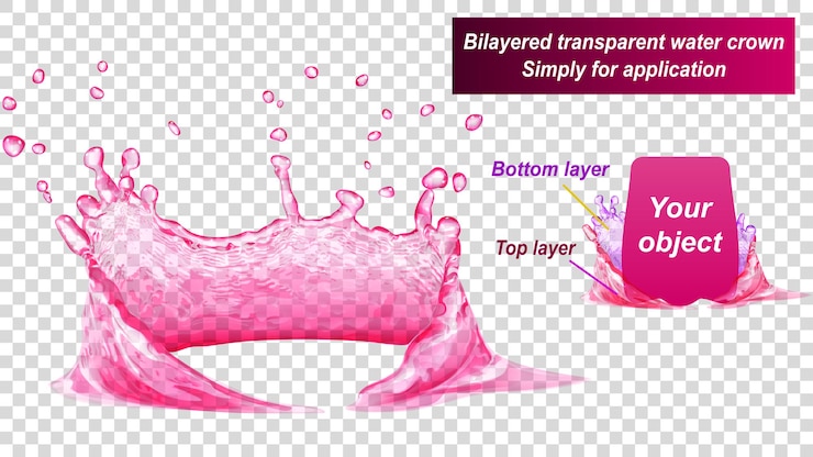 Vector la corona de agua transparente consta de dos capas: superior e inferior. salpicaduras de agua en colores rosa, aislado sobre fondo transparente. transparencia solo en archivo vectorial