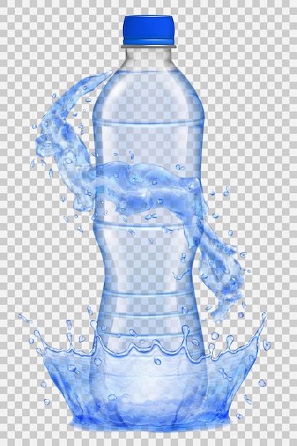 Vector corona de agua transparente y salpicaduras de agua alrededor de una botella de plástico transparente con tapón azul.