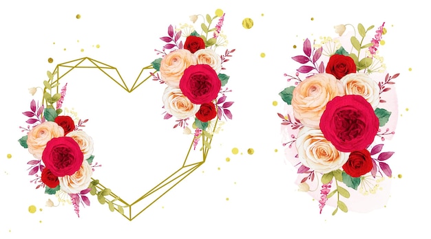 corona de amor y ramo de flores rosas rojas