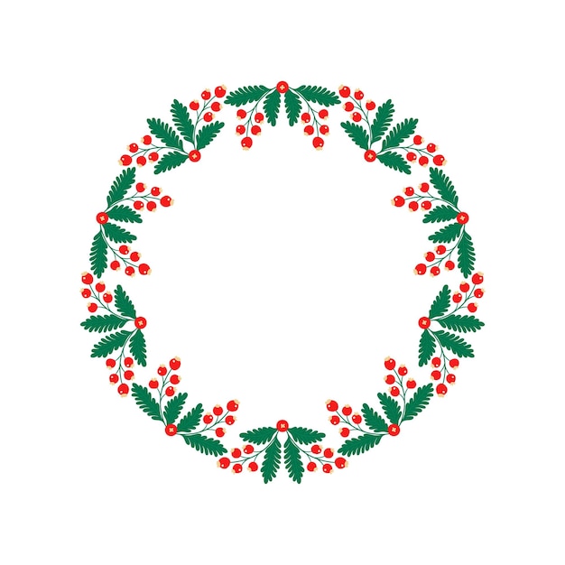 Corona de Año Nuevo y Navidad Tradicional guirnalda de invierno en ramas verdes perennes aisladas sobre fondo blanco Tarjeta de felicitación dibujada a mano Diseño de vacaciones retro vectorial de Feliz Navidad