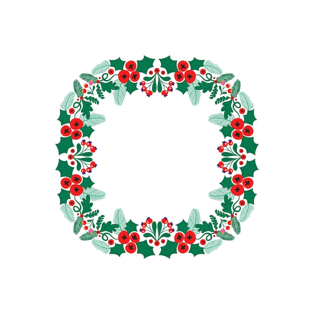 Corona de Año Nuevo y Navidad Tradicional guirnalda de invierno en ramas verdes perennes aisladas sobre fondo blanco Tarjeta de felicitación dibujada a mano Diseño de vacaciones retro vectorial de Feliz Navidad