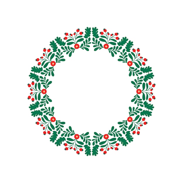 Corona de Año Nuevo y Navidad Tradicional guirnalda de invierno en ramas verdes perennes aisladas sobre fondo blanco Tarjeta de felicitación dibujada a mano Diseño de vacaciones retro vectorial de Feliz Navidad