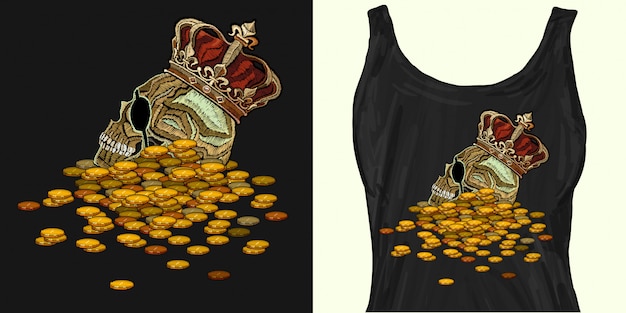 Vector corona bordada, calavera rey y monedas