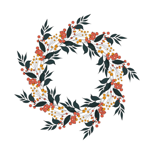 Corona botánica de follaje y bayas. El ramo es adecuado para decorar tarjetas navideñas.