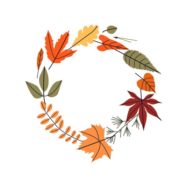 Corona botánica redonda de otoño con hojas de otoño, bayas, ramitas Ilustración vectorial de otoño Ilustración dibujada a mano para tarjetas de impresiones de carteles