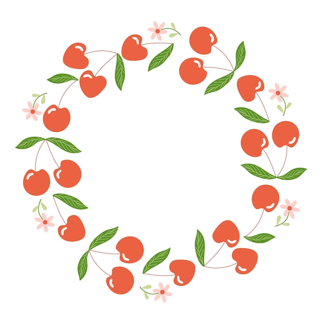 Corona de cereza con pequeñas flores y hojas verdes dispuestas en un marco circular Borde redondo para tarjeta de felicitación o libro de recetas