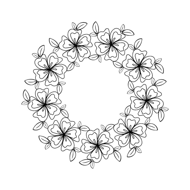 Corona circular de flores y hojas para cortar Marco floral de dibujos con tinta negra