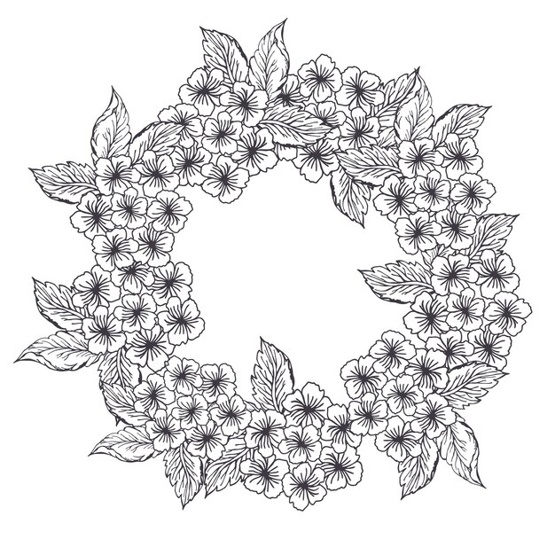 Corona de círculo floral de primavera con flor de hortensia Arte de línea pequeña flor con hojas para tarjeta o invitación