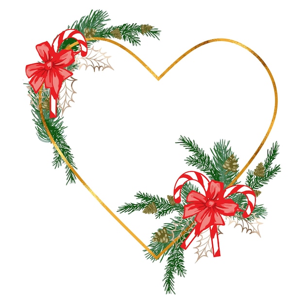 Corona de corazón dorado de Navidad con rama de pino para tarjeta o invitación vector ilustración dibujada a mano