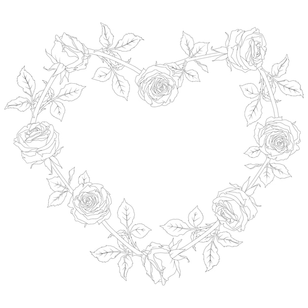 Corona de corazón de una rosa Flor de contorno dibujada a mano Dibujo en blanco y negro