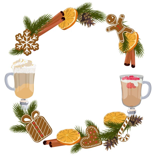 Corona decorada de Navidad con pan de jengibre de pino, naranja y canela sobre fondo aislado Plantilla para cartel de postal Ilustración vectorial