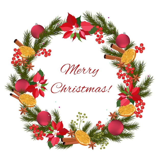 Corona decorada de Navidad con texto de felicitación sobre un fondo blanco aislado Plantilla para diseño web de carteles postales Ilustración vectorial