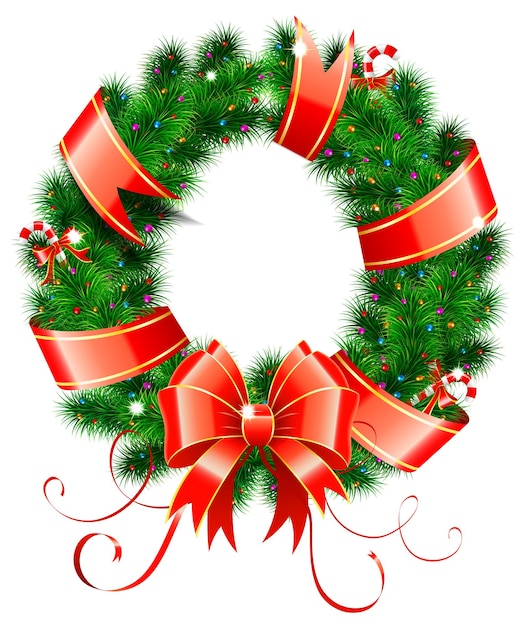 Corona decorativa de Navidad con cinta de caramelo y elemento de decoración en la ilustración de vector de fondo de pared de ladrillo