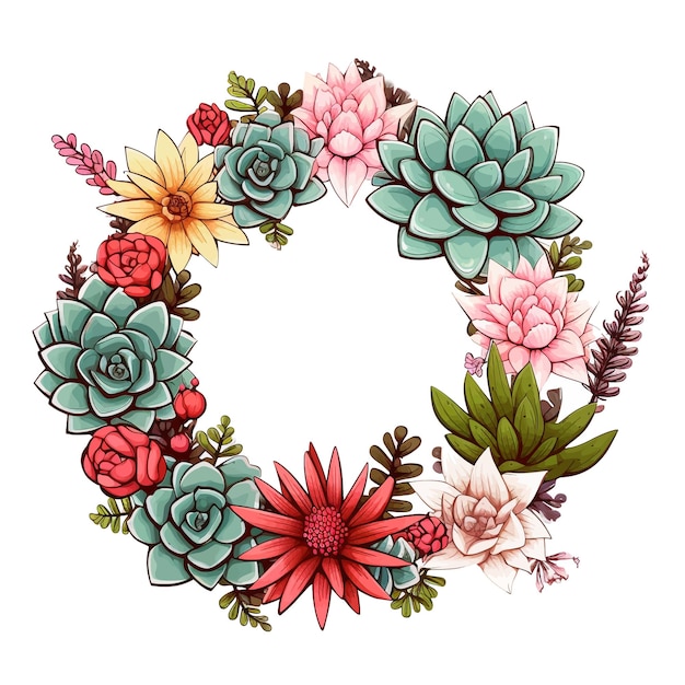 Vector corona dibujada a mano de cactus y plantas suculentas ilustración vectorial de dibujos animados clipart fondo blanco