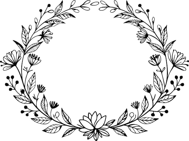 Corona dibujada a mano hecha en vector silueta circular de laurel en blanco y negro foliado y coronas