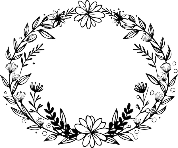Corona dibujada a mano hecha en vector silueta circular de laurel en blanco y negro foliado y coronas