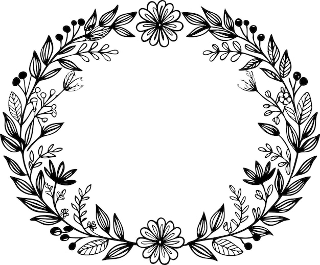 Corona dibujada a mano hecha en vector silueta circular de laurel en blanco y negro foliado y coronas