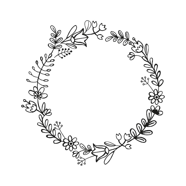 corona dibujada a mano con plantas vectoriales brunch de flores boceto de hojas flores brotes hierbas silueta de hojas en tinta ilustración monocromática aislada sobre fondo blanco