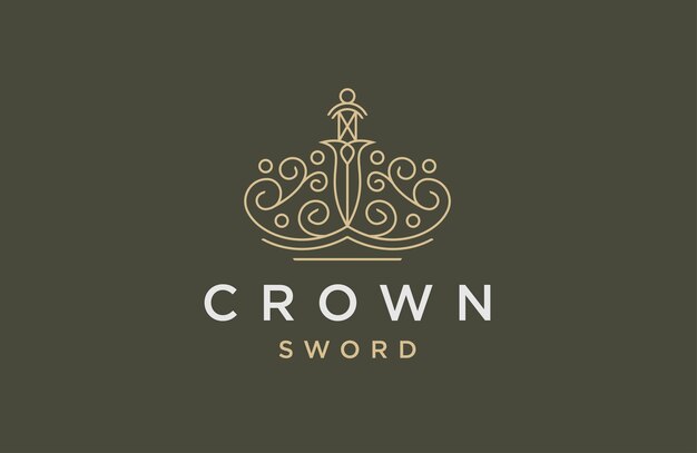 Corona espada línea logo icono diseño plantilla vector plano