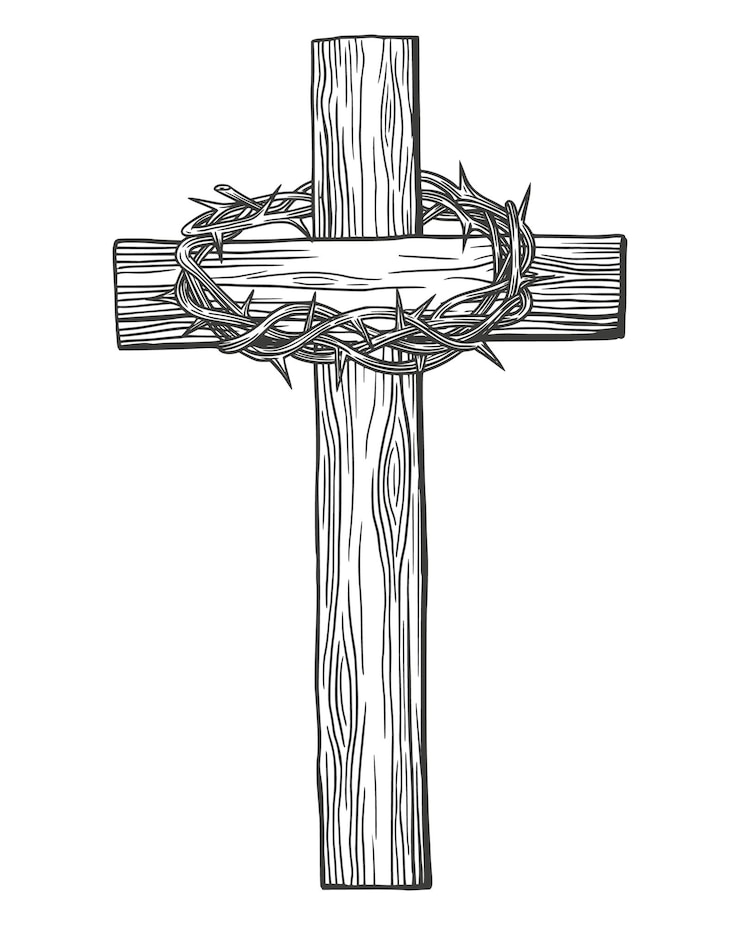 Vector corona de espinas, cruz de madera. pascua símbolo del cristianismo boceto de ilustración vectorial dibujado a mano