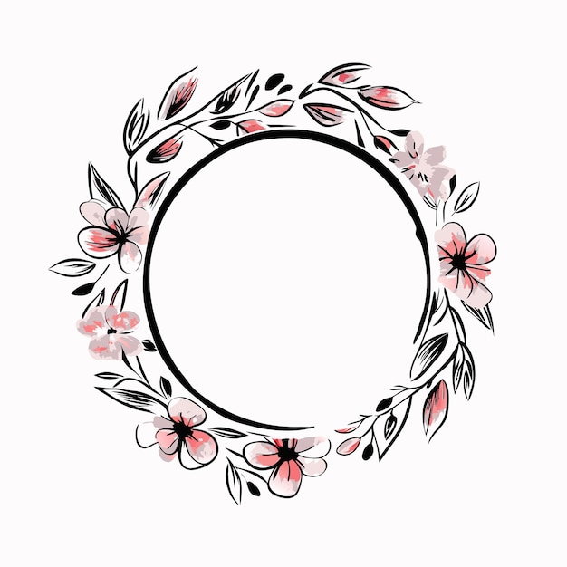 Corona floral en acuarela con círculo sobre fondo blanco