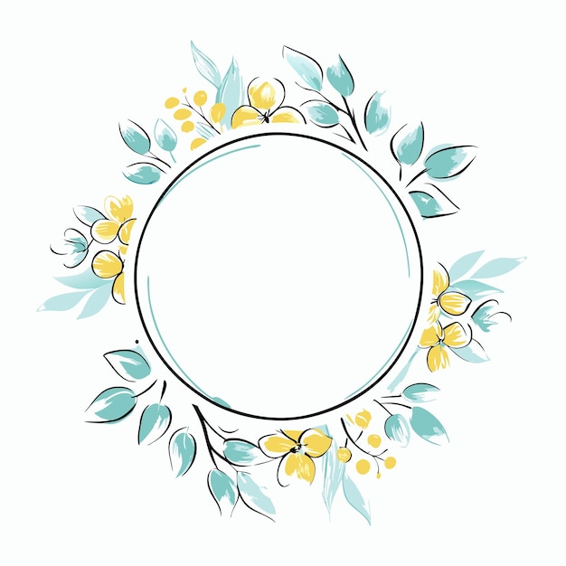 Corona floral en acuarela con círculo sobre fondo blanco