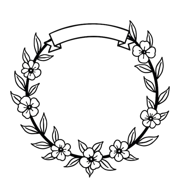 Corona floral dibujada a mano con flores y hojas