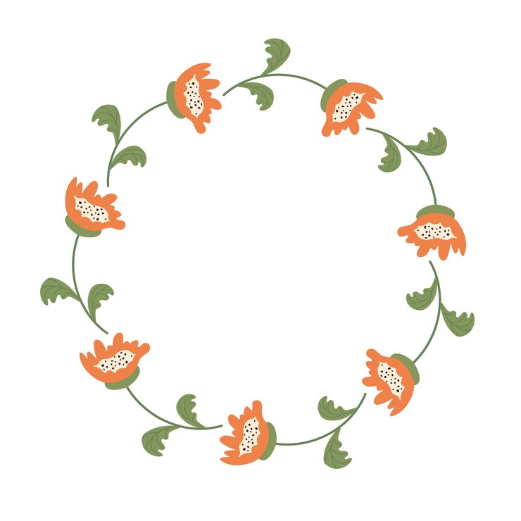 Corona floral de Doodle hecha de flores de naranja en círculo Elemento botánico minimalista dibujado a mano