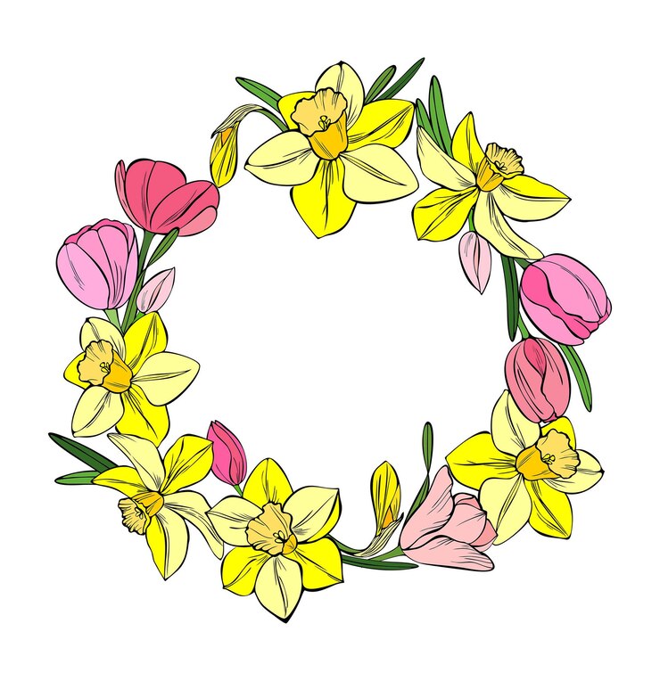 Corona floral enmarcada con tulipanes y narcisos Narcisos amarillos y tulipanes rosas para Semana Santa