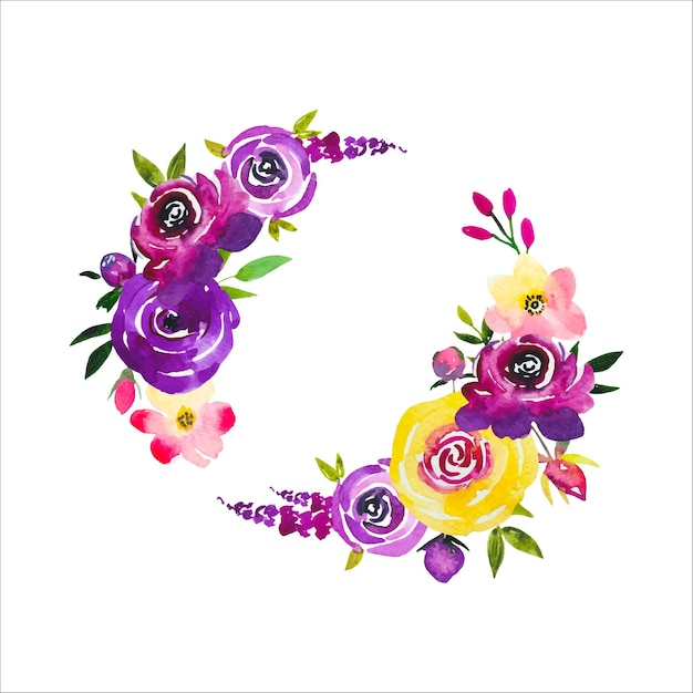 Corona floral con flores púrpuras y amarillas acuarela